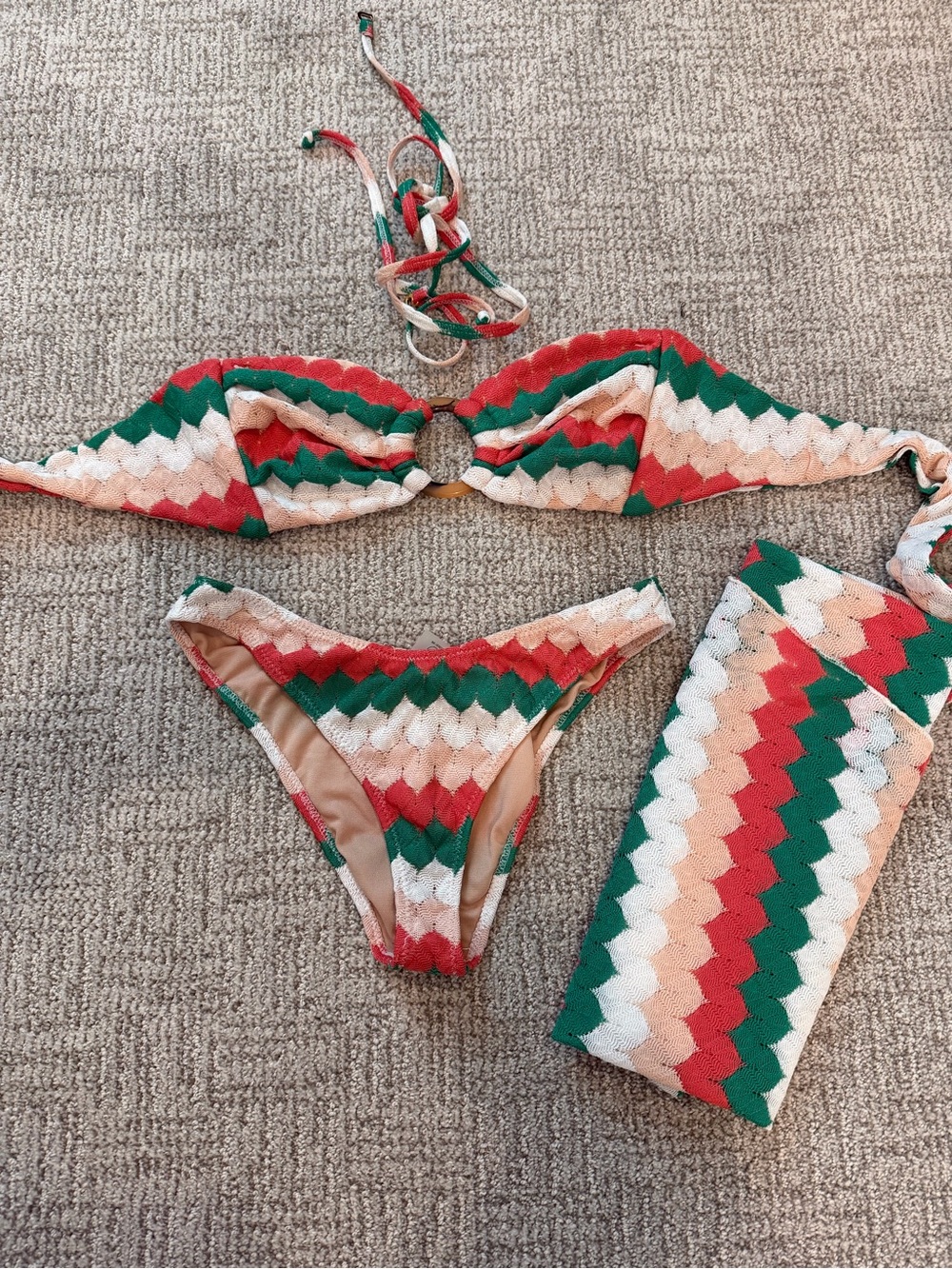 Montce Red Green White Chevron Ring-Front Bikini Set